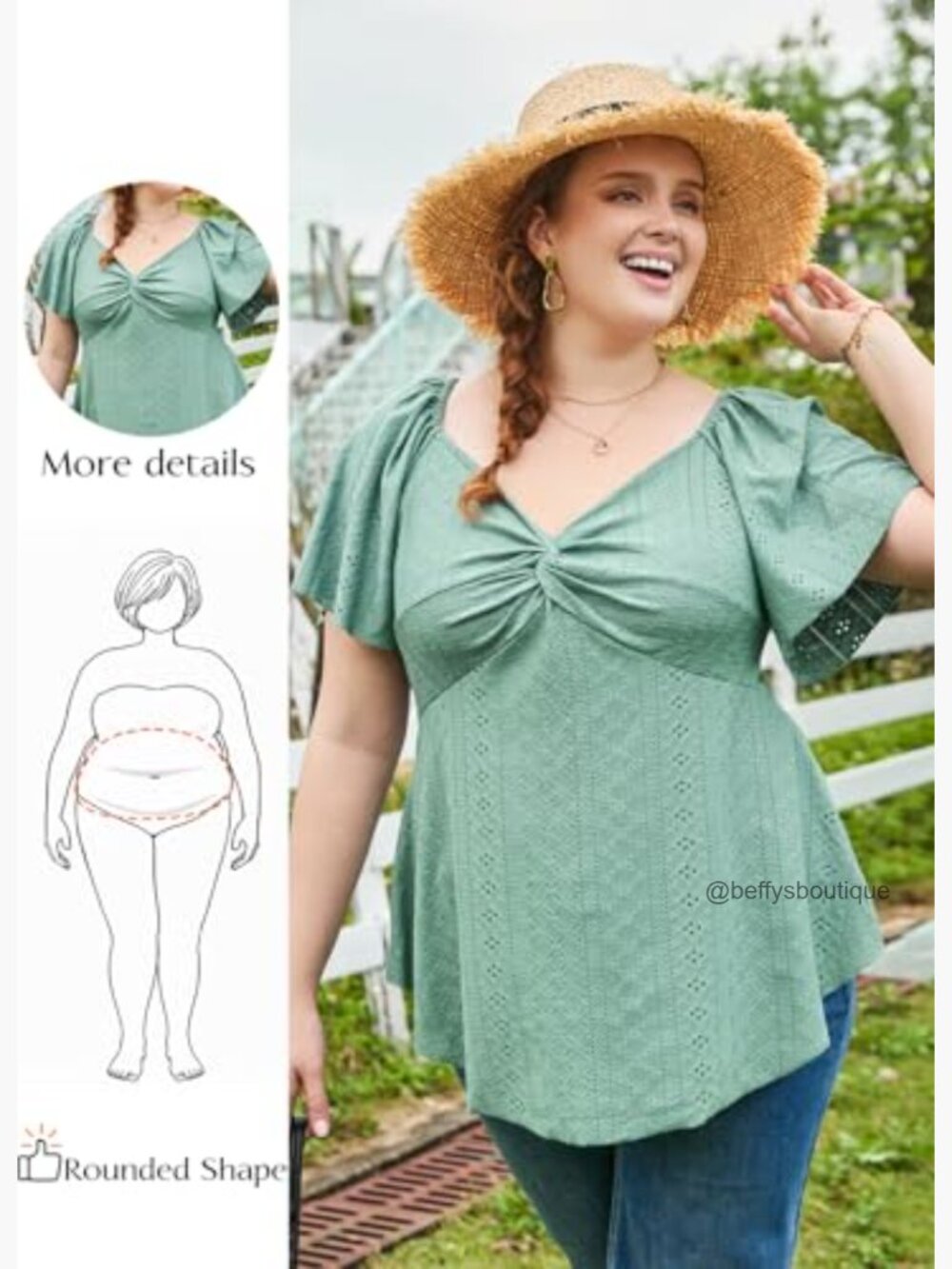 Plus Size V Neck Twist Front Eyelet Embroidery Blouse Short Sleeve - Picture 5 of 7